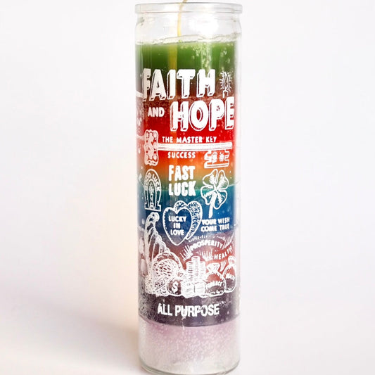 'Faith & Hope' 7 Day glass candle holder multicolour wax UK Santa Sabina luck spiritual ritual guidance catholic christianity religion