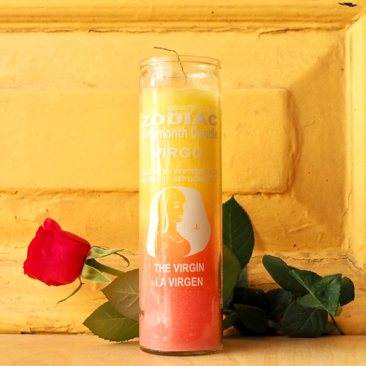 'Virgo' Zodiac Star Sign Vela 7 Day Prayer Candle by Santa Sabina glass screen-printed pillar holder in bi colored ombre yellow to coral wax. UK zodiac birthday birthdate horoscope Ritual Prayer Candle spell UK Santa Sabina Vela 7 Day Prayer spell magic good luck good fortune powerful protection success health peace love virgo taurus gemini libra leo aquarius scorpio cancer Sagittarius pisces capricorn aries